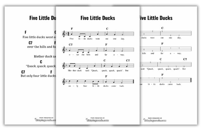 Five Little Ducks - Ukulele Free Printables